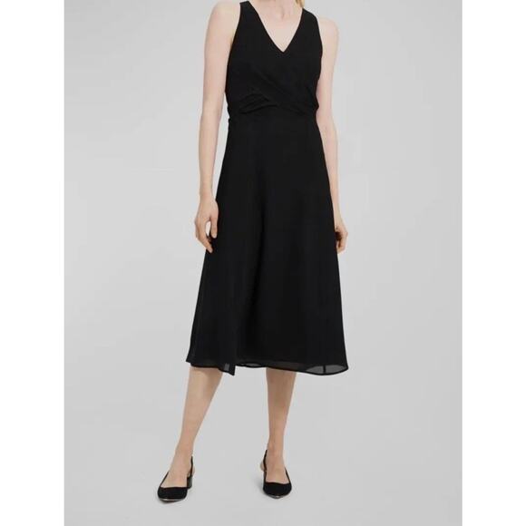 Theory V Neck Tie Silk Black Dress LBD Womens 8 Midi Slip A Line Faux Wrap - Picture 1 of 11
